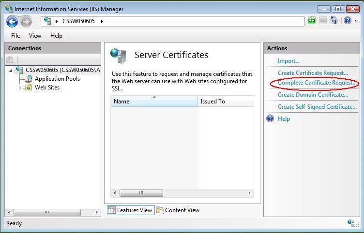 Выберите меню "Actions" (справа), нажмите на "Complete Certificate Request".